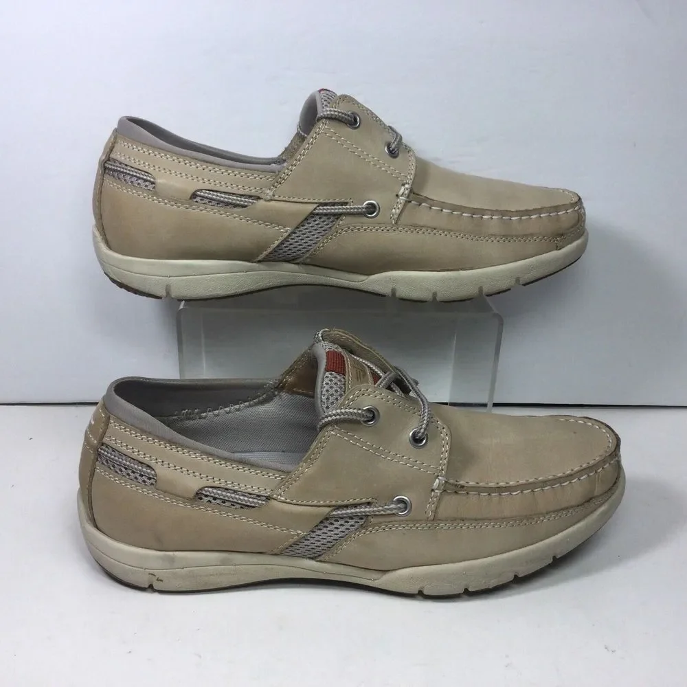Dockers Mens Boat Deck Shoes Size 9M‎ Beige Leather Nautical Logo Casual Comfort